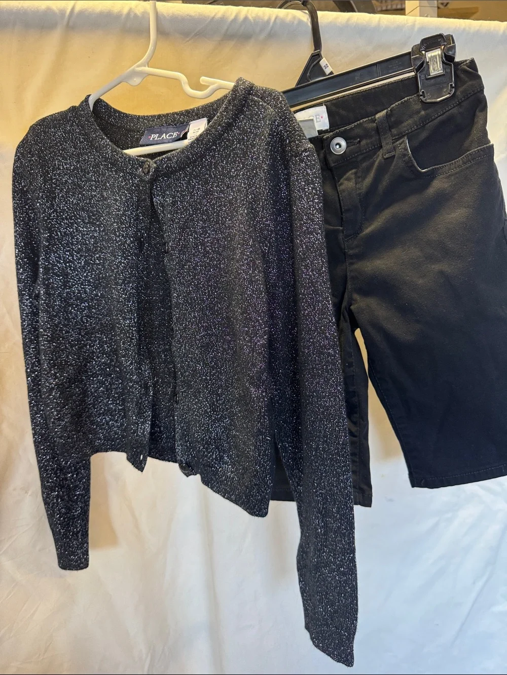 The Children's Place Black Sparkle Crewneck Cardigan and black shorts💕